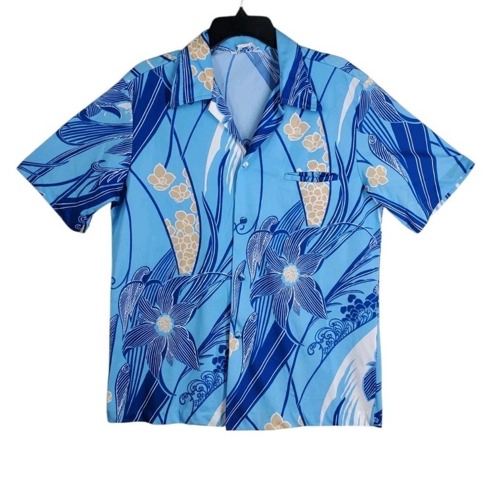 Vtg 80s Royal Palm Hawaiian Shirt Mens L Blue Beige Floral Button Jetted Pocket